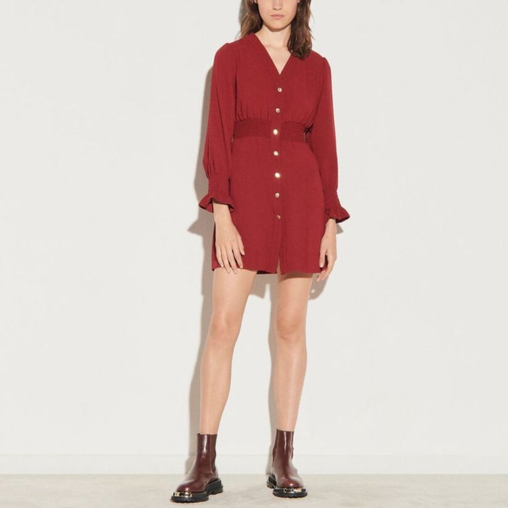 SANDRO PARIS LYLIE SMOCKED- WAIST MINI DRESS RED